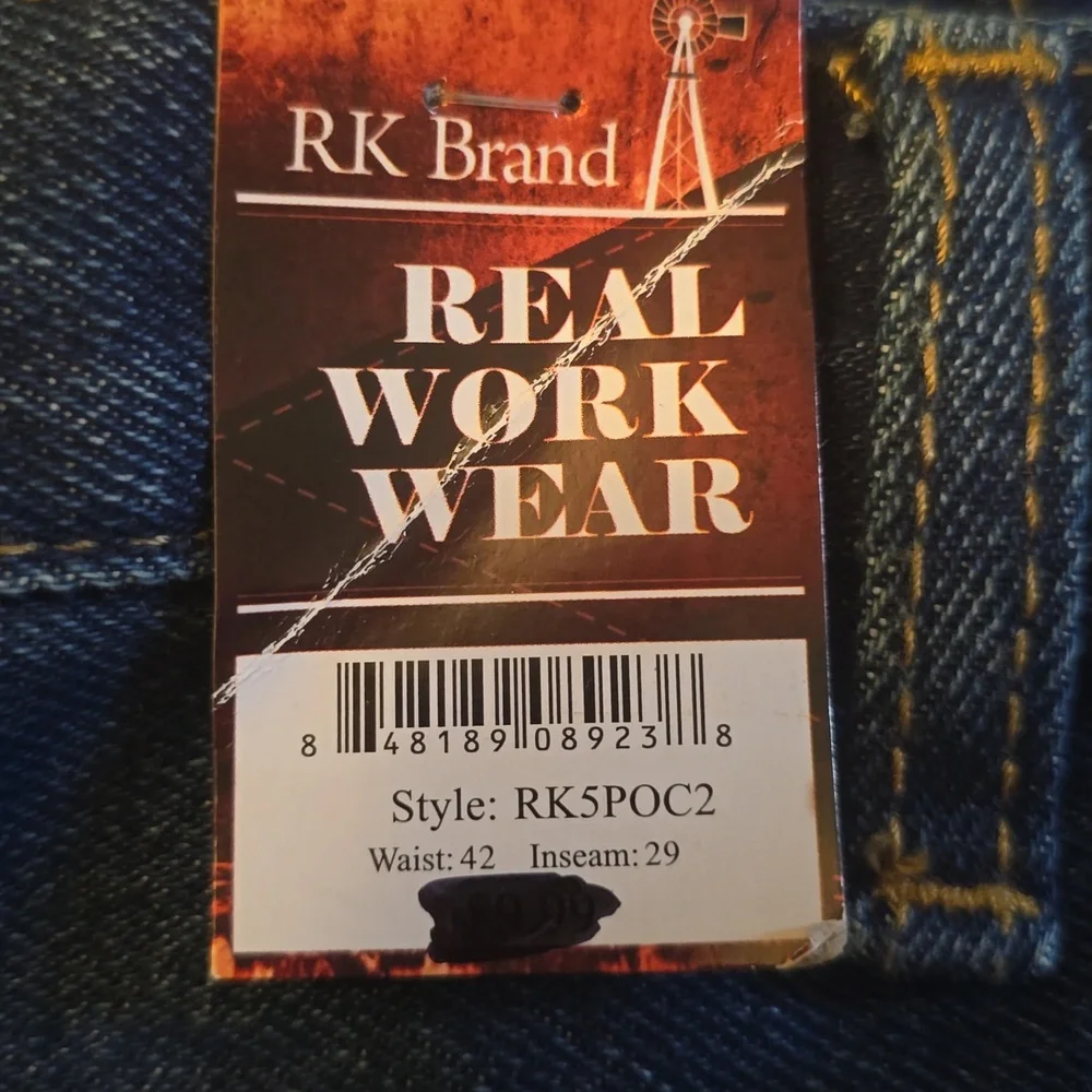 New RK Brand Men's 42x29 Real Workwear Dark‎ Wash Relaxed Fit 100% Cotton Jeans